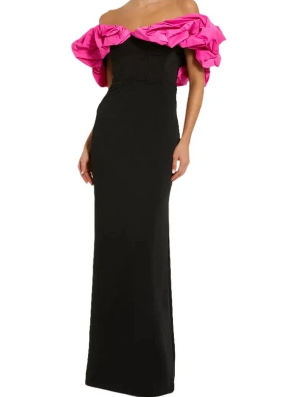Mac Duggal Black Hot Pink Crepe & Faille Off The Shoulder Gown